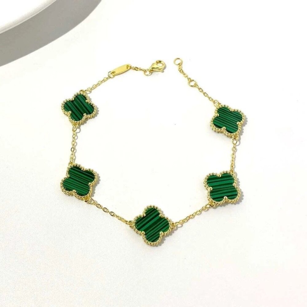 18ky Gold plated over Sterling Silver 925 Green Malachite Clover Bracelet